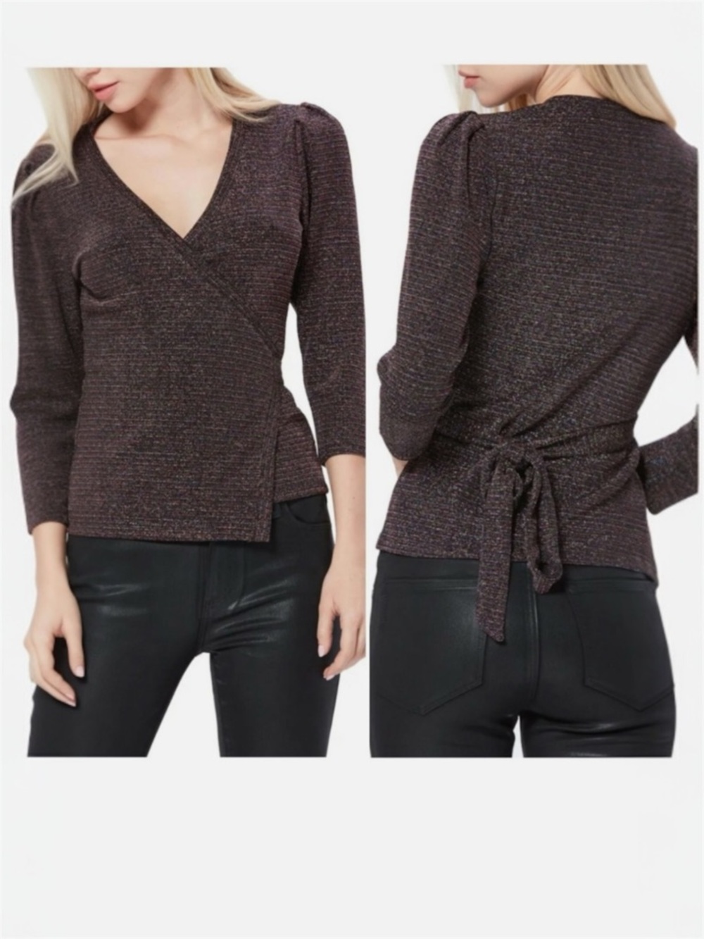 PAIGE Metallic Wrap V-Neck Sweater in Brown and Gold